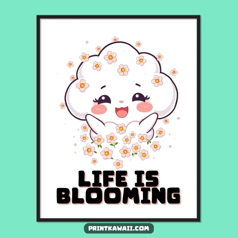 Funny Joyful Cloud Poster: Blooming Cloud Character Art for a Peaceful Space