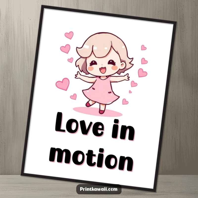 Funny poster art of a character doing a happy dance with a sparkling trail of hearts, bringing joy to walls.