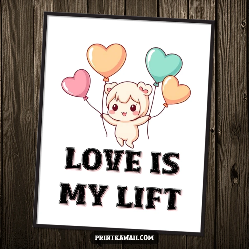 Funny poster art of a cute kawaii character playfully floating with heart-shaped balloons, symbolizing joy and aspiration.
