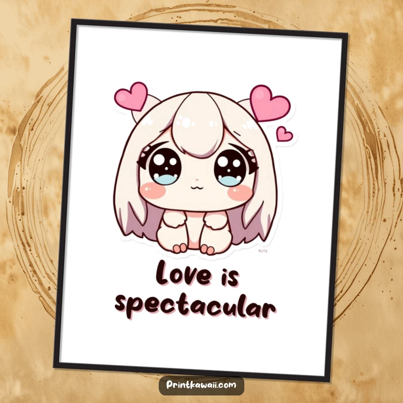 Funny Poster of a cute character with wide, sparkling eyes, looking lovingly at a shower of hearts.