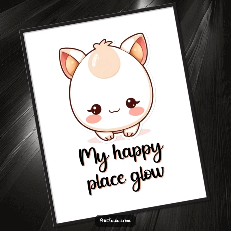 Funny poster art of a cute kawaii character with blushing cheeks and twinkling eyes, capturing pure innocence and joy.