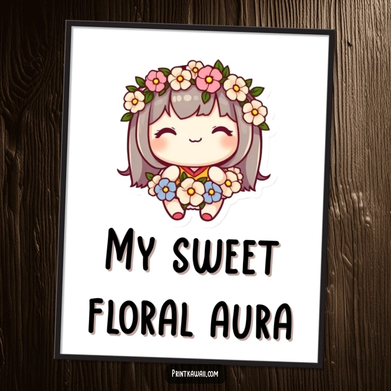 Funny poster art of a cute kawaii character wearing a flower garland and smiling sweetly, embodying peace and happiness.