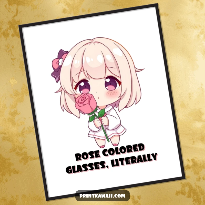 Funny poster featuring a character blushing deeply, holding a single perfect rose, artfully depicting shy love and romantic tenderness.