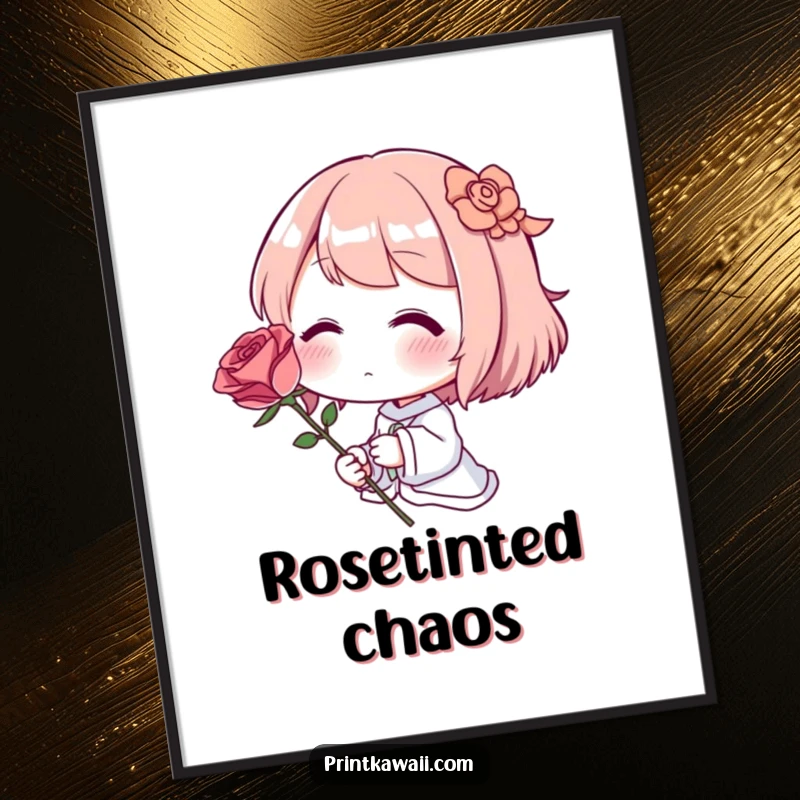 Funny Poster: A blushing character deeply embarrassed, holding a single, perfect rose with tenderness.