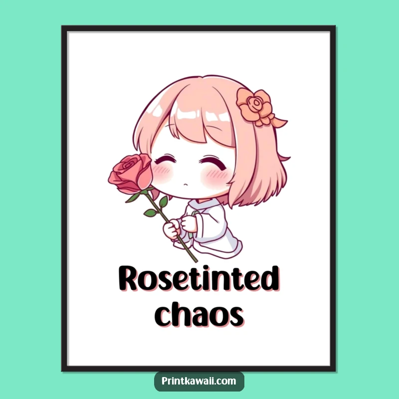 Funny Romantic Art Poster: Blushing Character & Rose, Charming Wall Decor