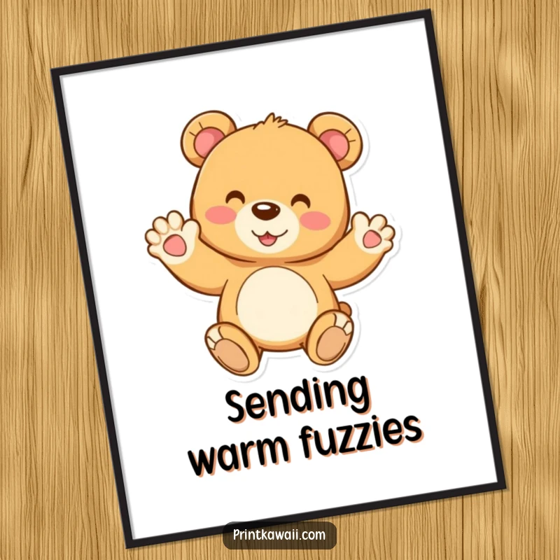 Funny poster showcasing a joyful teddy bear character waving, bringing a sense of happiness and adorable charm to any room's decor.