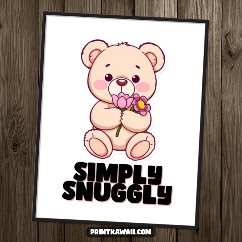 Funny poster of a content teddy bear holding a flower, radiating gentle sweetness and a heartwarming vibe, ideal for a charming funny gift.