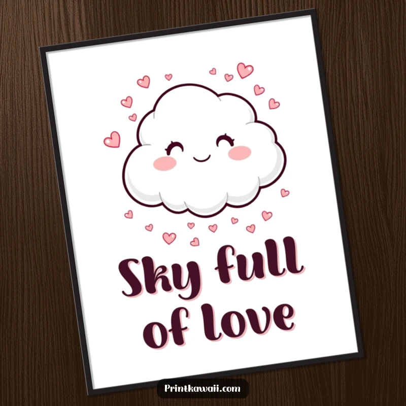Funny poster featuring a smiling cloud sprinkling tiny hearts, ideal for soft, uplifting decor, a funny gift.