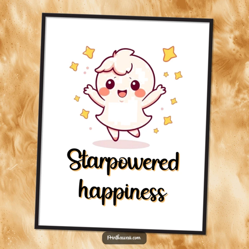 Funny Kawaii Dance Poster: Whimsical character joyfully dancing with shimmering stars, perfect for energetic decor.