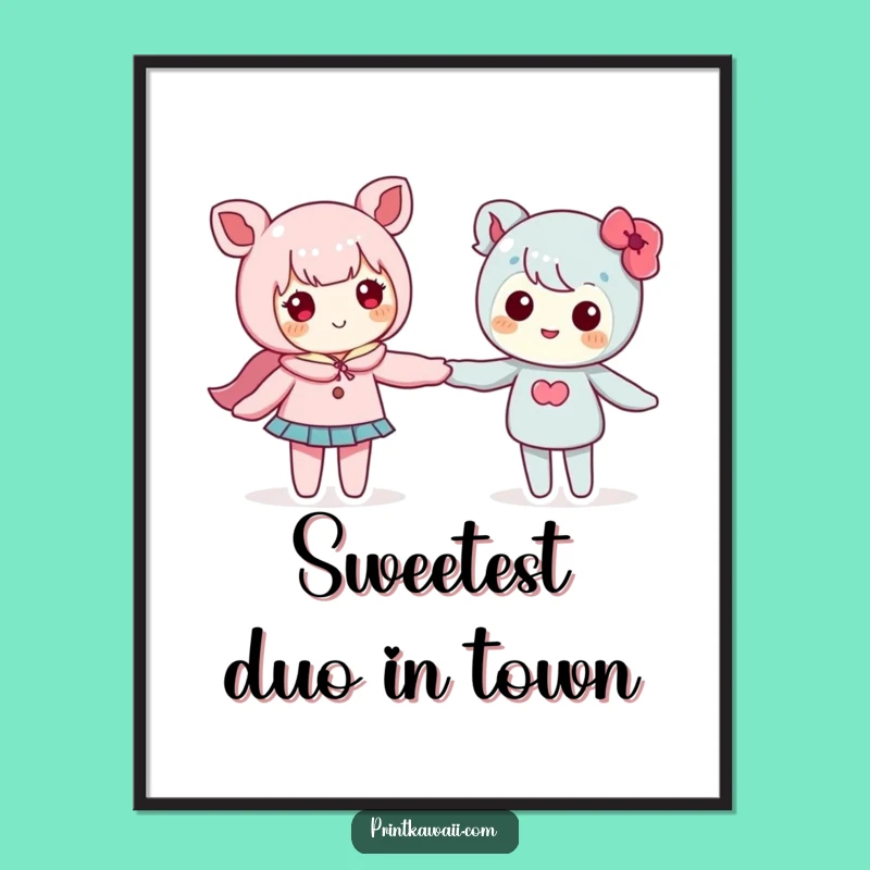 Funny Friendship Art: Cute Kawaii Characters Holding Hands Poster