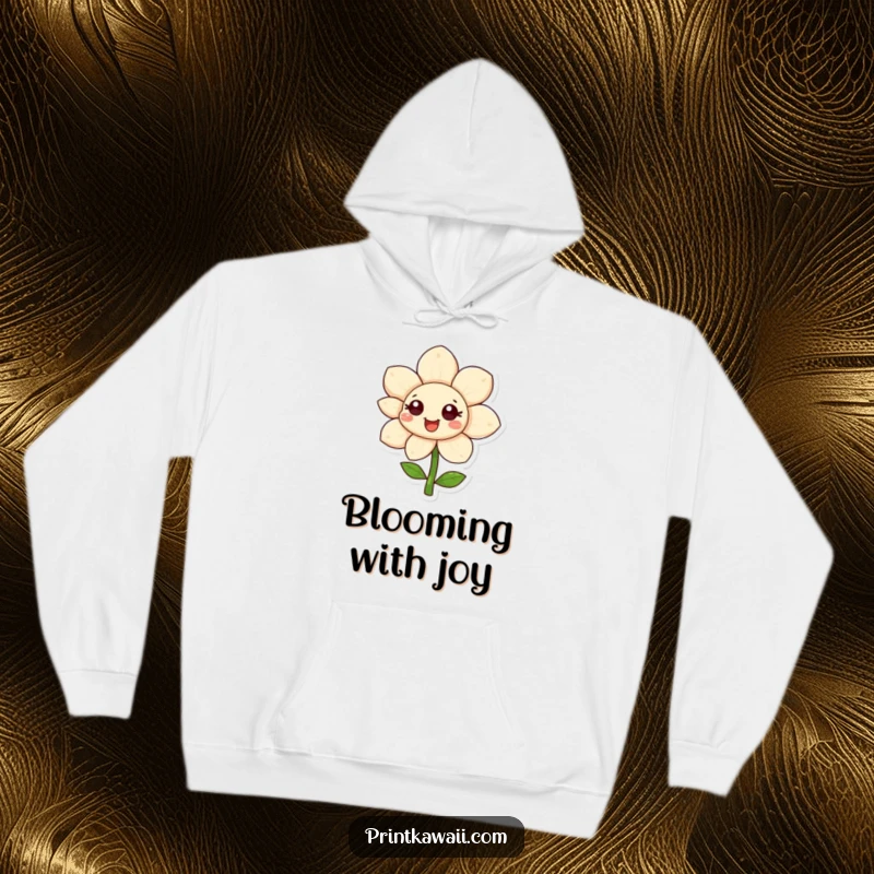 Funny happy flower character on a hoodie, petals unfurling, bringing warmth, comfort, and cheerful vibes, a cozy funny gift.
