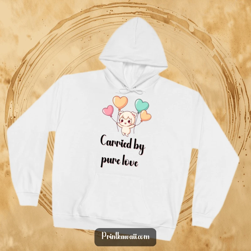 Funny hoodie featuring a cute kawaii character playfully floating with heart-shaped balloons, offering comfort and whimsical dreams.