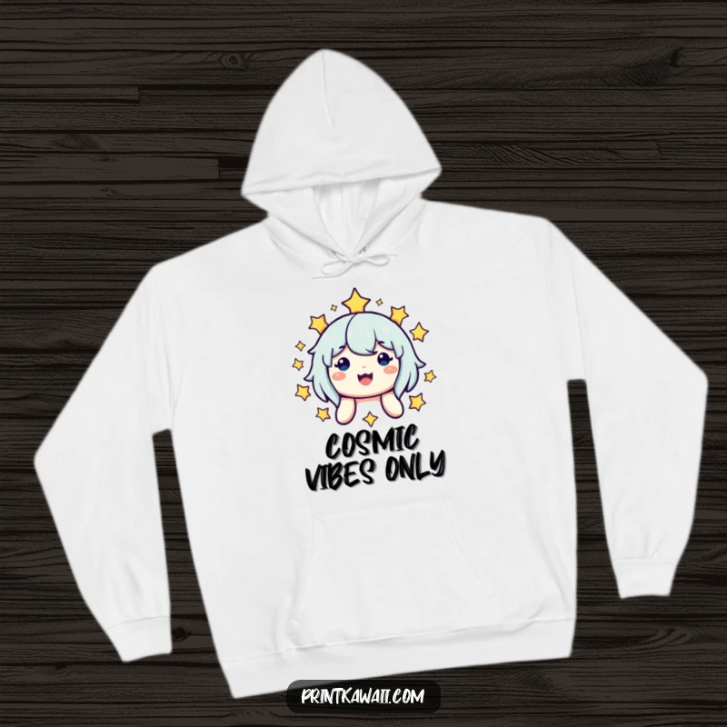 Funny hoodie with a cute, smiling character glowing amongst vibrant stars, offering ultimate comfort and celestial charm, a perfect gift.