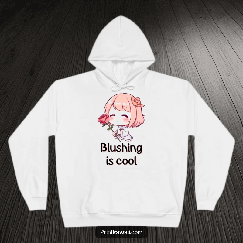 Funny Hoodie: A character with rosy cheeks, offering a single, exquisite rose.