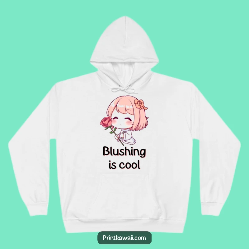 Cozy Funny Blushing Hoodie: Shy Character with Rose, Warm & Cute Gift