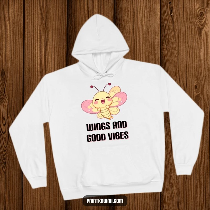 Funny delighted butterfly character on a hoodie, fluttering joyfully, radiating happiness and warmth, a cozy funny gift.