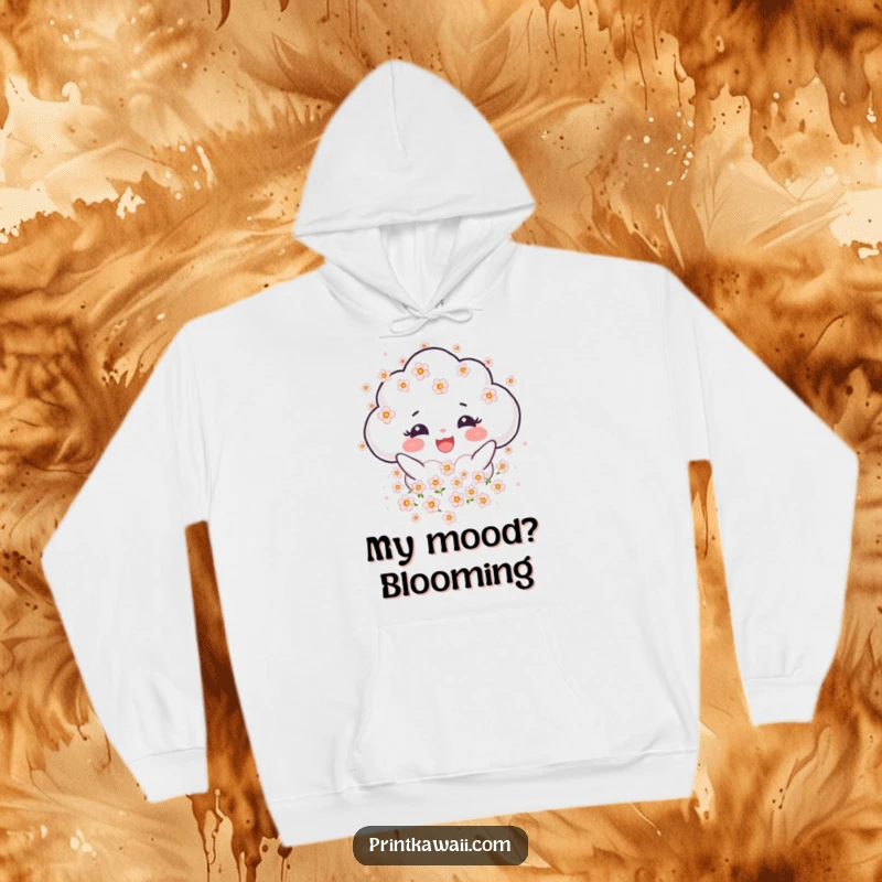 Funny Hoodie featuring a joyful cloud character showering blossoms, designed for ultimate comfort and a serene feel.