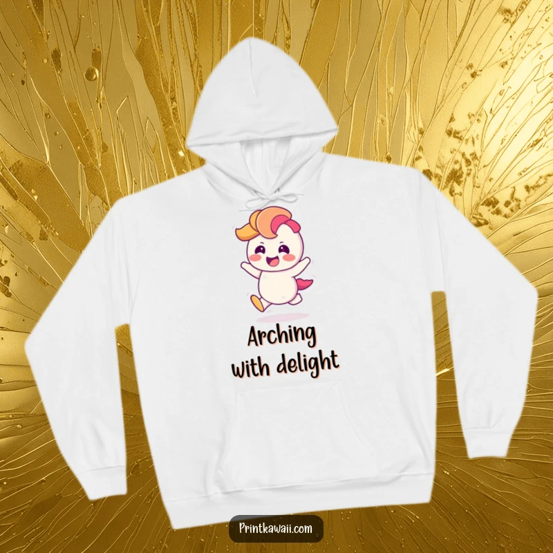 Funny Hoodie featuring a giggling rainbow character doing a cheerful hop, designed for vibrant comfort and a cozy feel.