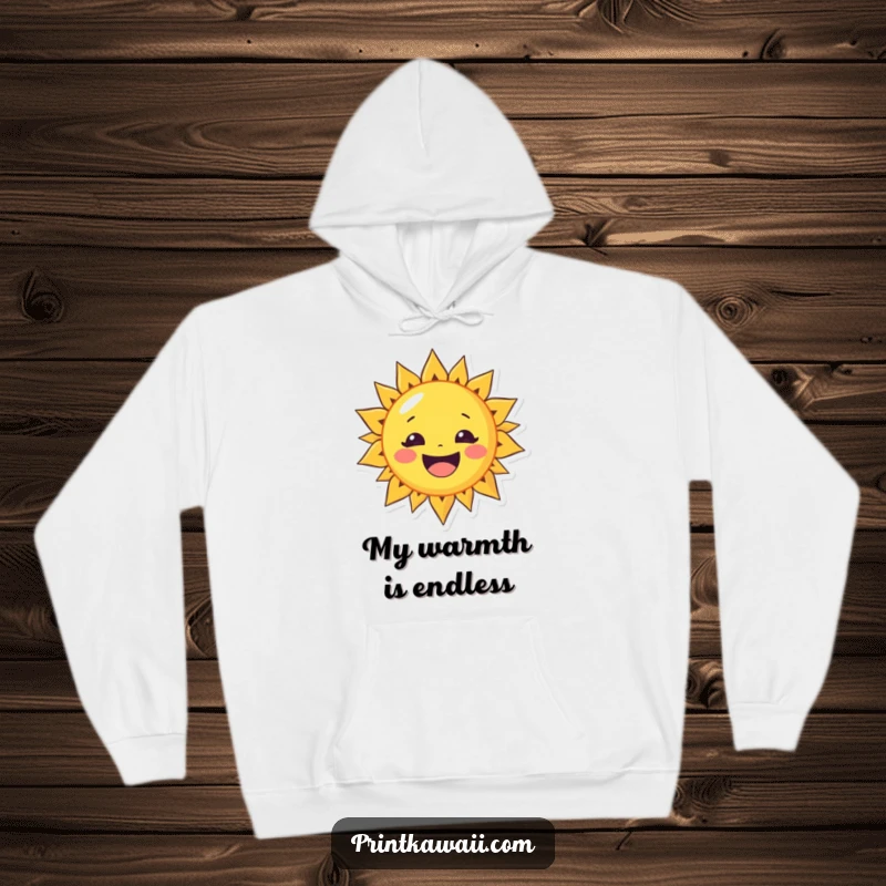 Funny hoodie depicting a cheerful sun character with a wide smile, symbolizing warmth, happiness, and cozy positivity.