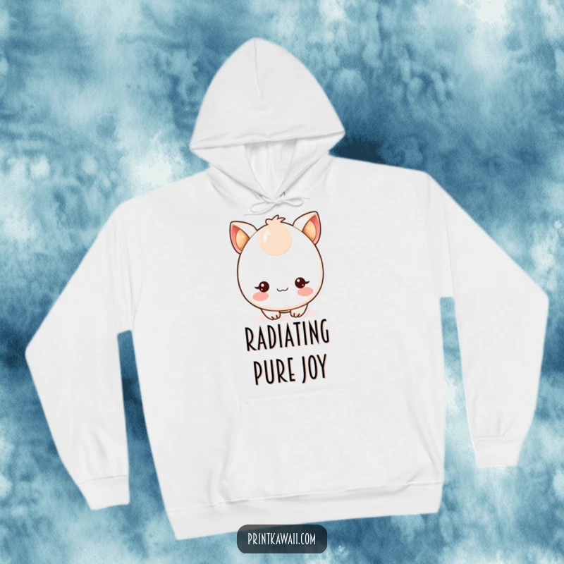 Funny hoodie featuring a cute kawaii character with blushing cheeks and twinkling eyes, exuding warmth and happiness.