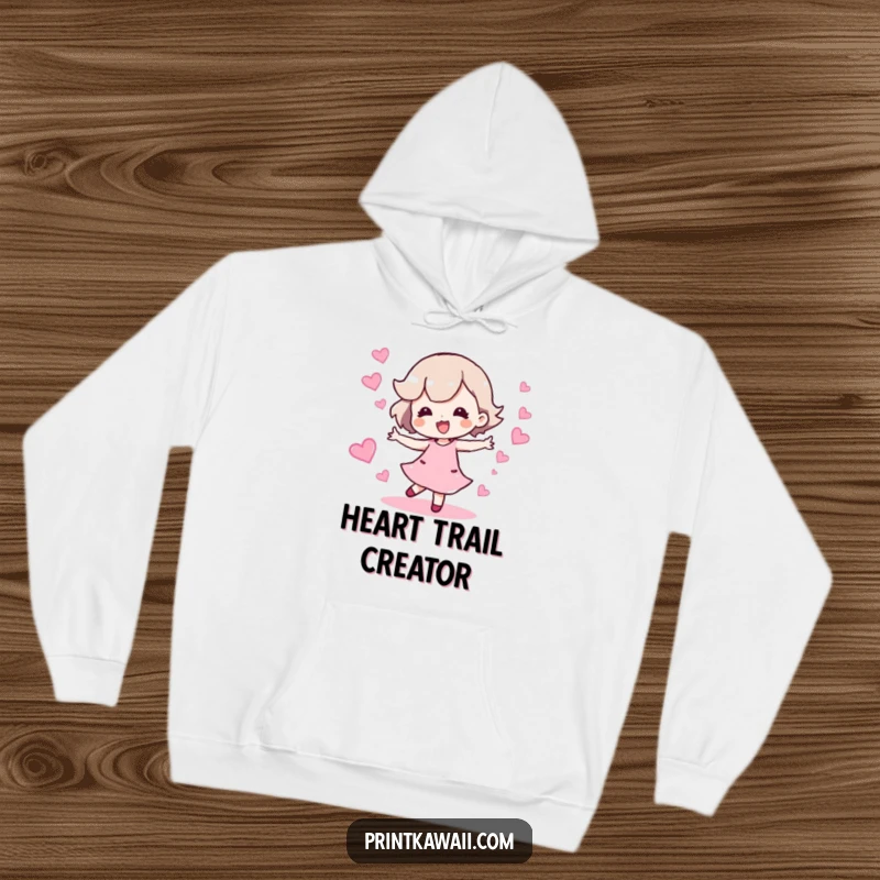 Funny hoodie featuring a character doing a happy dance with a trail of sparkling hearts, perfect for cozy cheer.