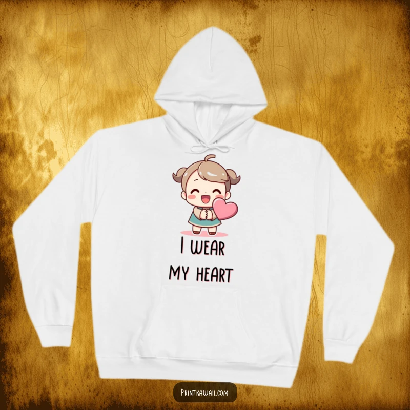 Funny hoodie featuring a beaming character holding hands with a stylized heart symbol, radiating warmth, love, and pure happiness.