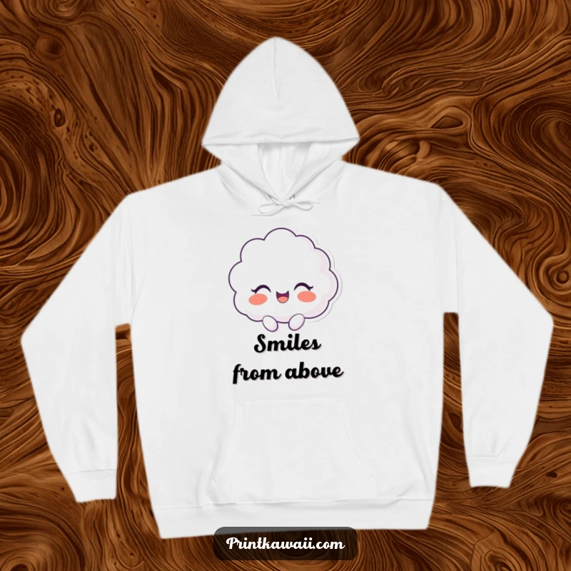 Funny hooded sweatshirt with a cloud character lost in delightful giggles, offering cozy comfort and humorous charm.