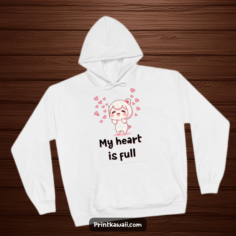 Funny hoodie featuring a character releasing a gentle cloud of tiny, fluttering hearts, symbolizing love and compassion.