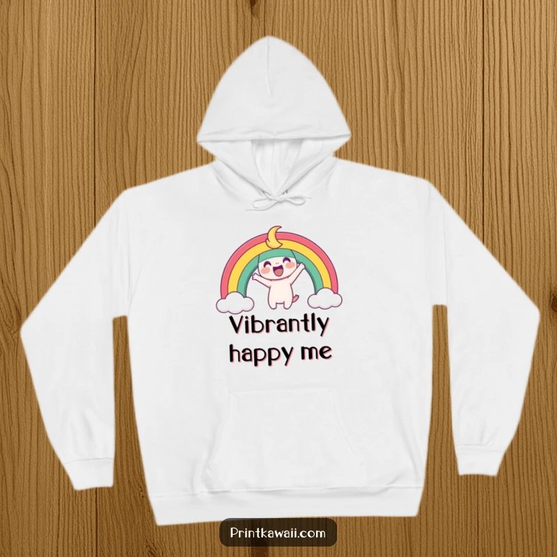 Funny Hoodie featuring a playful rainbow character arching joyfully, perfect for staying warm and radiating happiness.