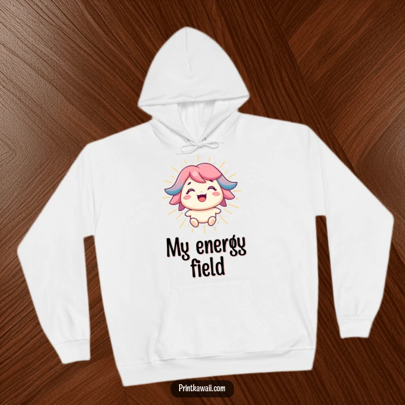 Funny hoodie featuring a character with a bright smile radiating positive energy, perfect for cozy positivity.