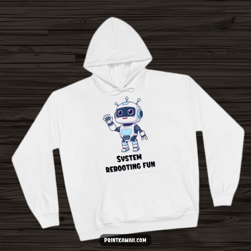 Funny hoodie featuring a happy robot character giving an energetic and welcoming wave, perfect for spreading cheer.