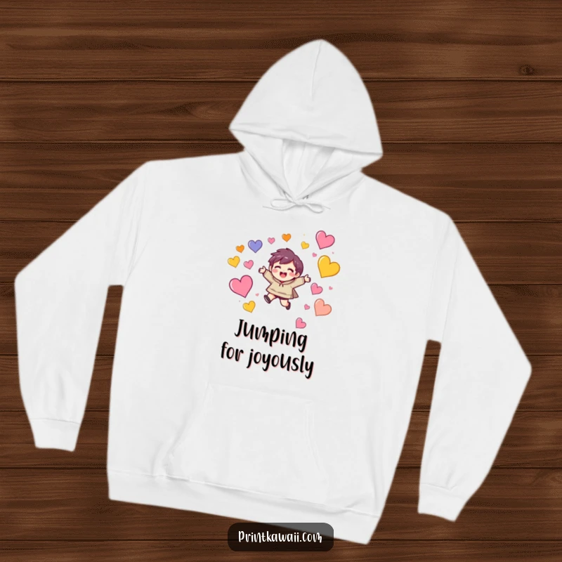 Funny hoodie with a character joyfully leaping and expressing delight surrounded by numerous colorful, floating hearts.