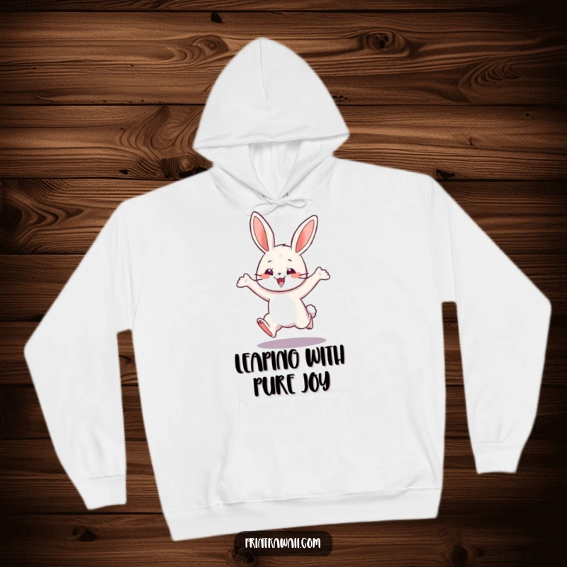 Funny hoodie depicting a playful bunny character in a happy leap, symbolizing joy, playfulness, and cozy comfort.