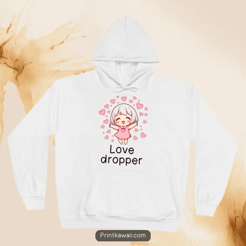 Funny Hoodie: Character radiating joy as they release a multitude of tiny, fluttering hearts.