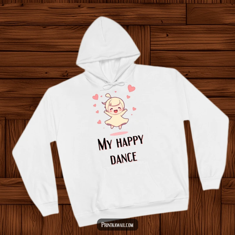 Funny hoodie showcasing a character in a joyful spin with tiny hearts floating around, offering cozy comfort.