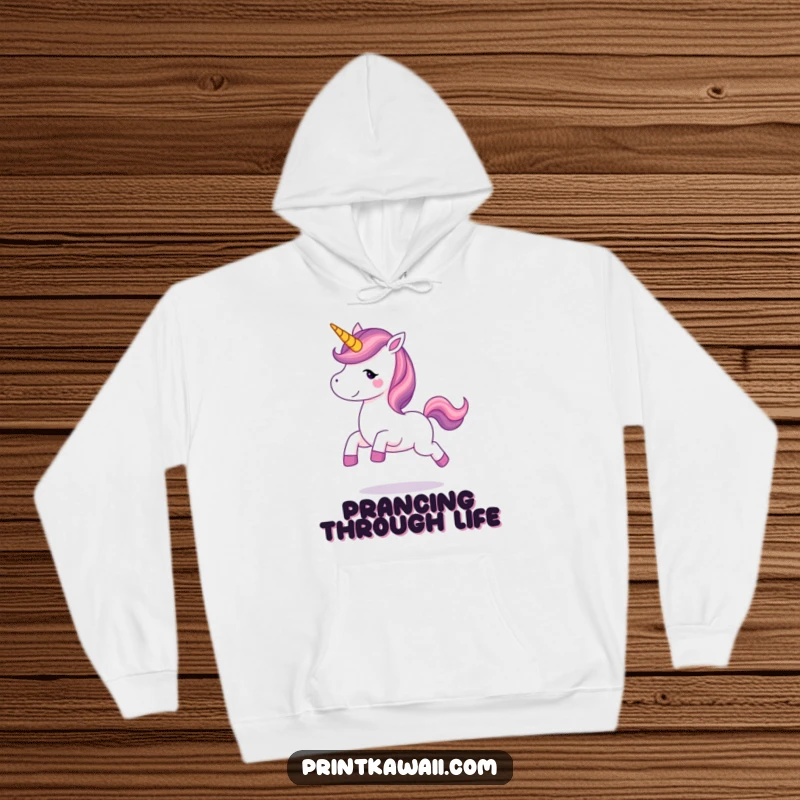 Funny unicorn character joyfully prancing on a soft hoodie, offering warmth and a touch of magical whimsy for everyday wear.