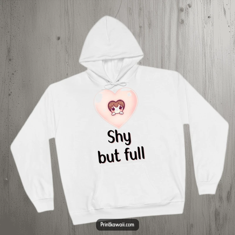 Funny hoodie with a shy character peeking out from a giant, radiant heart, embodying tender feelings and gentle affection.