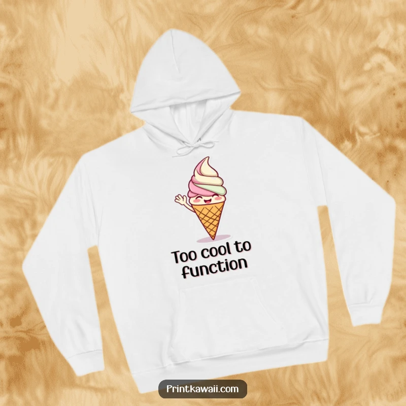 Funny, cozy hoodie featuring a giggling ice cream cone character waving, offering warmth and a delightful sense of sweet cheer.