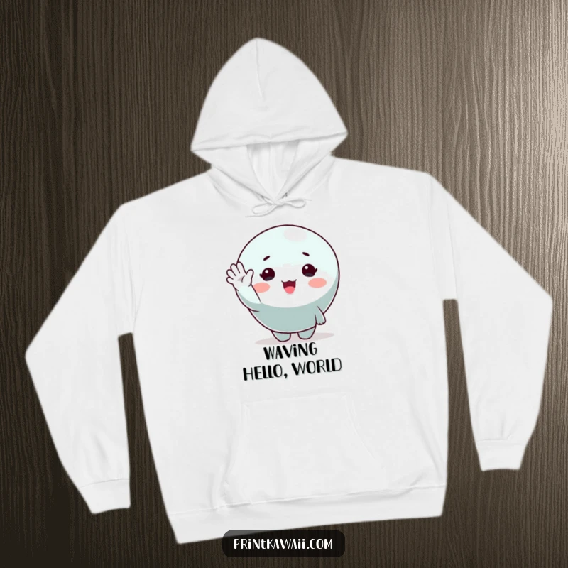 Funny hoodie with a cute character in a cheerful wave pose, offering cozy comfort and a dose of playful happiness.