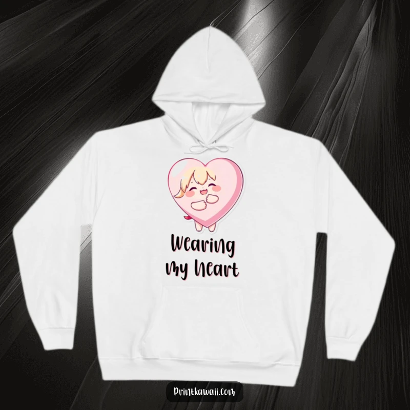 Funny hoodie showcasing a kawaii character joyfully hugging a large heart, offering comfort and a symbol of overwhelming love.