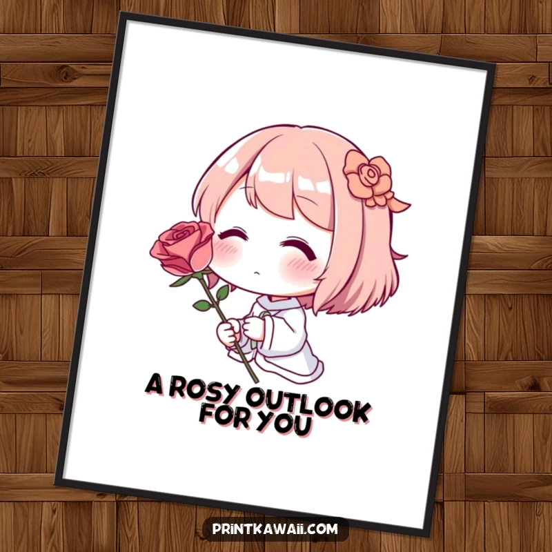 Funny free printable wall art of a character blushing deeply, holding a single, perfect rose, embodying shy sweetness.