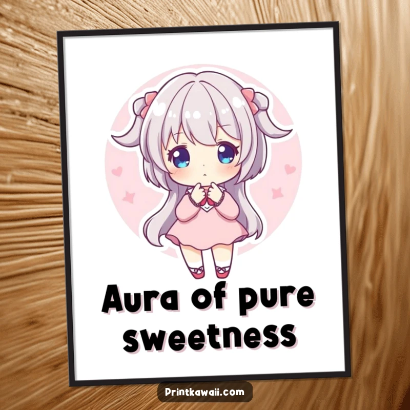 Funny free printable wall art of a character in a sweet pose, radiating a soft, calming pink aura for serene decor.