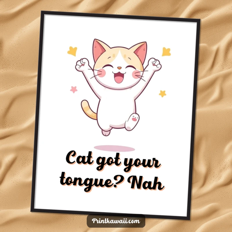 Funny Free Printable Wall Art of a cute cat character in mid-air, jumping and celebrating enthusiastically.
