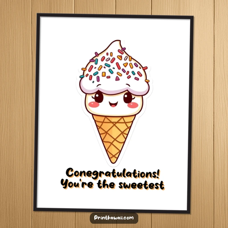 Funny free printable wall art of a happy ice cream cone character with sprinkles for hair looking joyful and sweet.