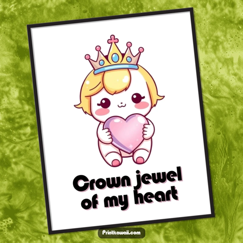 Funny Free Printable Wall Art: Cute kawaii character wearing a crown, holding a sparkly heart, exuding regal charm and joy.