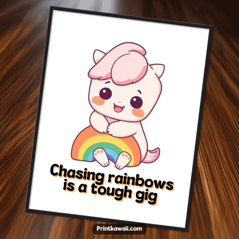 Funny Free Printable Wall Art of a happy Kawaii character hugging a vibrant rainbow, perfect for cheerful decor.