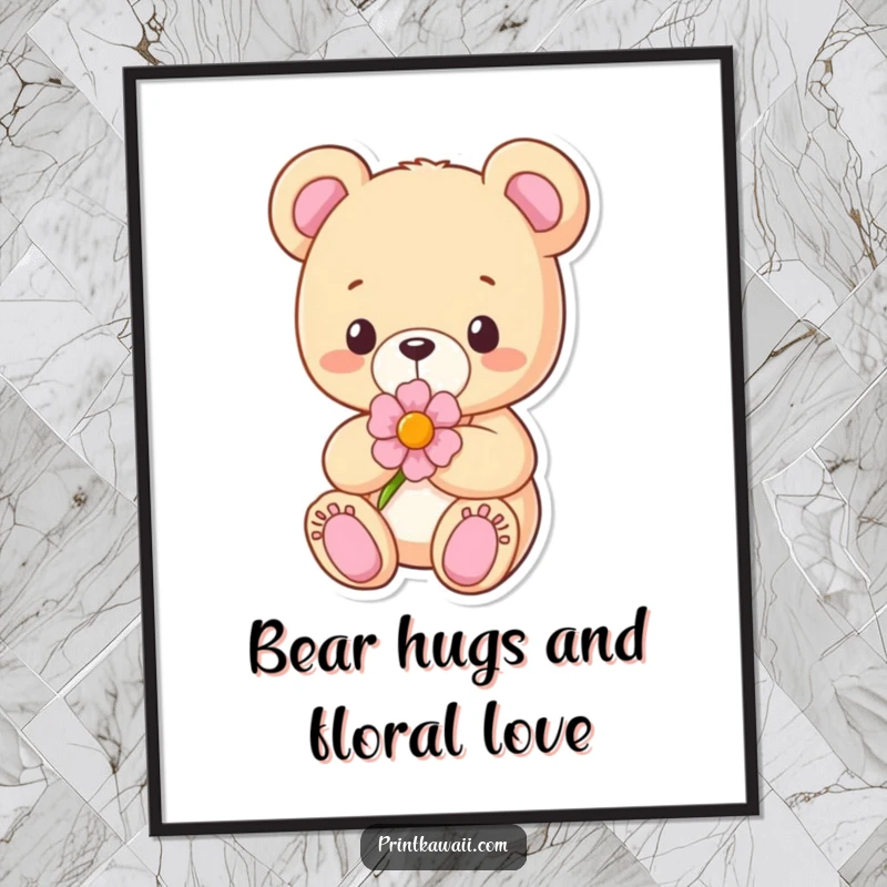 Funny Free Printable Wall Art depicting a content teddy bear character holding a flower, a sweet and downloadable art piece.