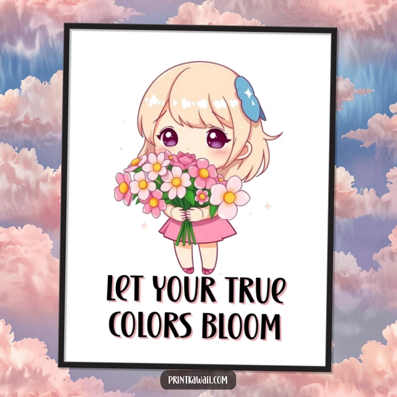 Free Printable Wall Art: Cute character holding a bouquet of sparkling flowers, adding elegant floral beauty to decor.