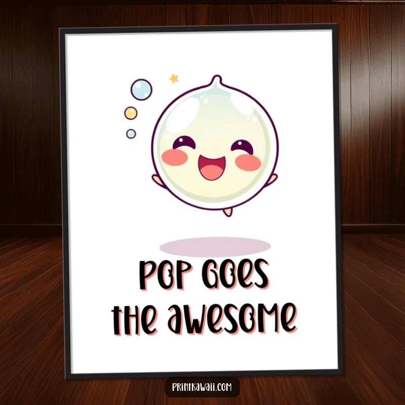 Funny Free Printable Wall Art: Bubble character joyfully popping with a happy sound, surrounded by small, cheerful bubbles. Downloadable art.