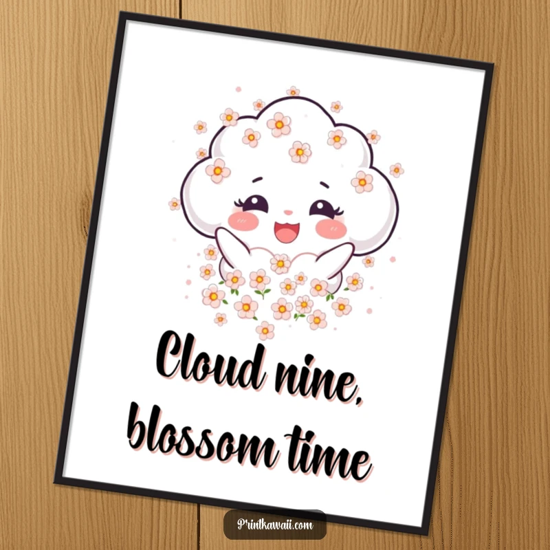 Funny Free Printable Wall Art depicting a joyful cloud showering tiny blossoms, a whimsical and downloadable art piece.